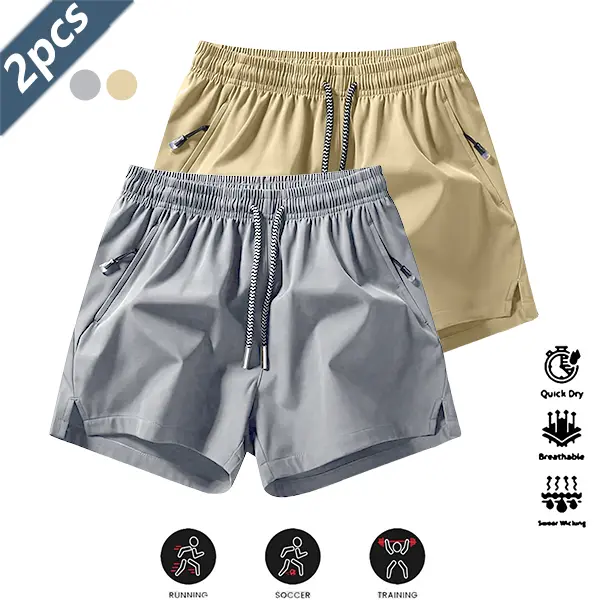 Men’s 2-Pack Casual Sport Shorts - Wrinkle-Resistant Polyester Blend, Loose Fit, Drawstring Waist, Solid Color, Minimalist Design, Smooth Texture, Breathable Stretch, Multi-Pocket, Suitable for Training & Everyday Wear