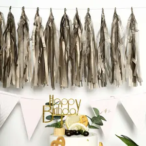 12 Pack Pre-Tied Antique Gold Paper Fringe Tassels With Garland String, Hanging Streamer Banner