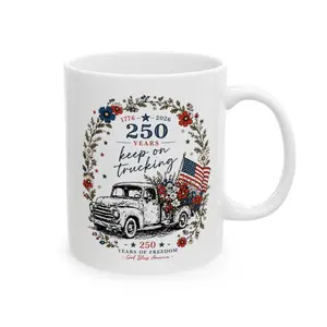 Patriotic Vintage Truck Floral Coffee Mug – Keep On Trucking 250 Years America Gift, USA Flag Wildflower Ceramic Mug, 4th of July Independence Day Gift 11oz