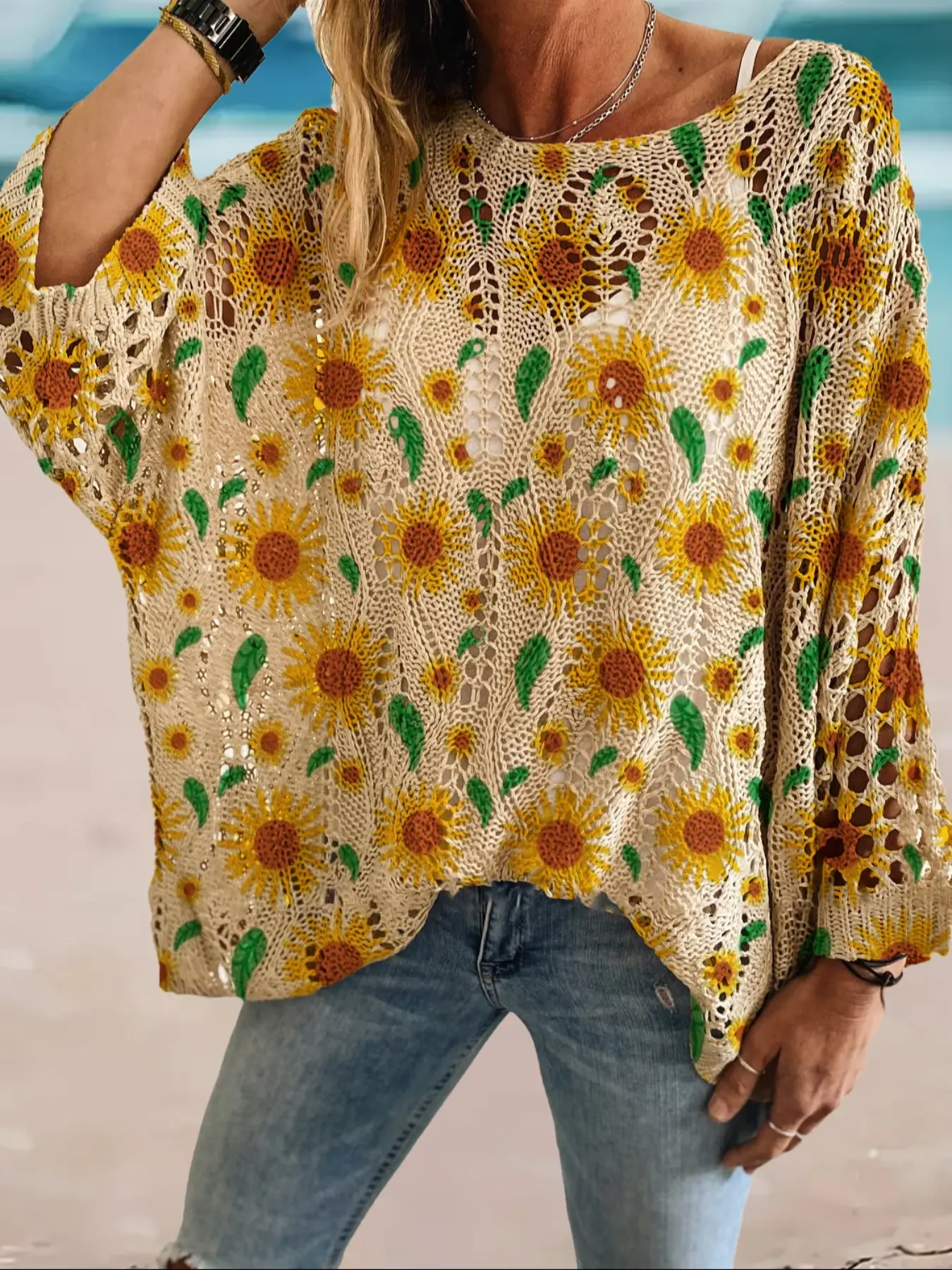 Women's Sunflower Print Long Sleeve Knit Top, Casual Elegant Vacation Style Sweater, Loose Batwing Shoulders, Spring Summer Fall Clothes