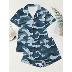 Women'S Fashionable Camouflage Print Short Sleeve Pajama Set Comfortable Buttoned Loungewear