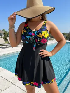 Loose and comfortable casual colorful floral print plus size front bow women's Tankini with shorts set, simple vacation style skirt style split swimsuit set, a must-have item for fashionable women's summer island carnival