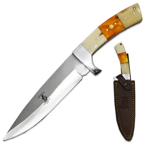 12" Bone Collector Hunting Tool with Premium Materials, Stainless Steel Full-Tang Drop Point Blade, White-Yellow Bovine Bone Handle, Leather Sheath (BC 882-WYW)