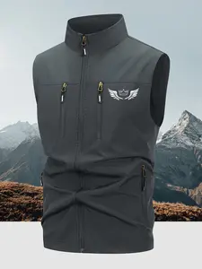 Men's Sleeveless Stand Collar Vest, Crown Pattern, Multi-Pocket Design, Lightweight Casual Outdoor Jacket, Zipper Pockets