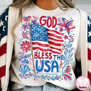 Coquette Striped God Bless The USA Floral , Patriotic Christian , 4th of July Cross , Independence Day, Trendy Red White And Blue