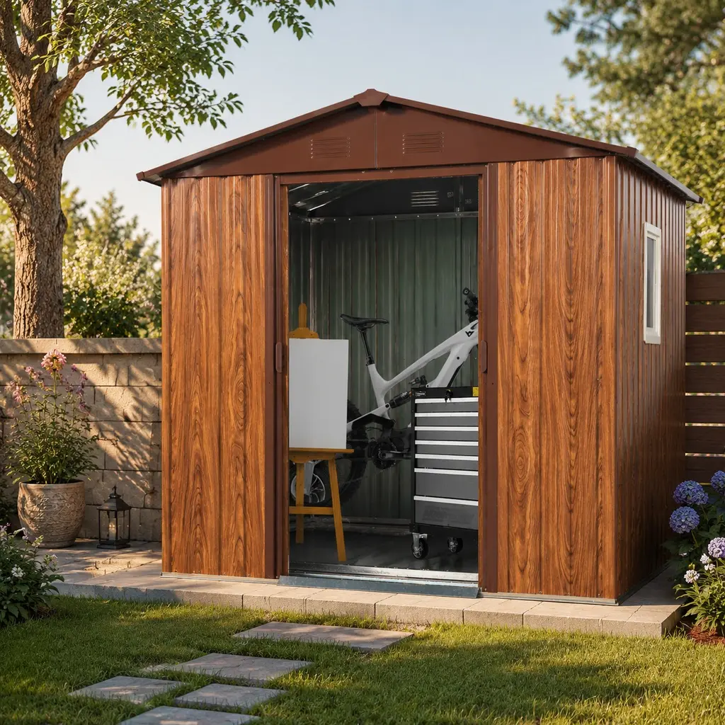 6x6ft Outdoor Metal Storage Shed with Window, Galvanized Steel Garden Tool Shed with Foundation, Sliding Door Lockable, Heavy Duty Iron Patio Storage Building for Backyard Lawn Equipment, Coffee, Coffee Color Options, Iron Material