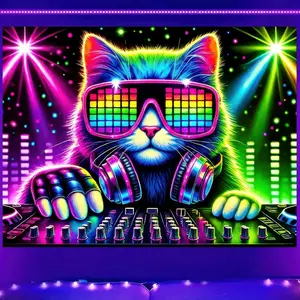 BlissYard Cat Blacklight DJ Tapestry 78x59 inch UV Reactive Black Light Music Glow in The Dark Poster Hippie Wall UV Tapestry for Bedroom Decoration Living Room Artwork Home Room Party Backdrop