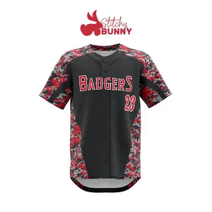 Stitchy Bunny Custom Men's V-Neck Short Sleeve Baseball Jersey with Badgers 23 Design Black & Red Camo Pattern