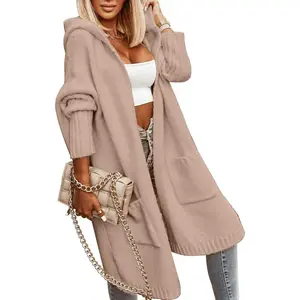 Lannew Womens Long Cardigans Cable Knitted Open Front Oversized Hooded Outerwear Sweater Coa