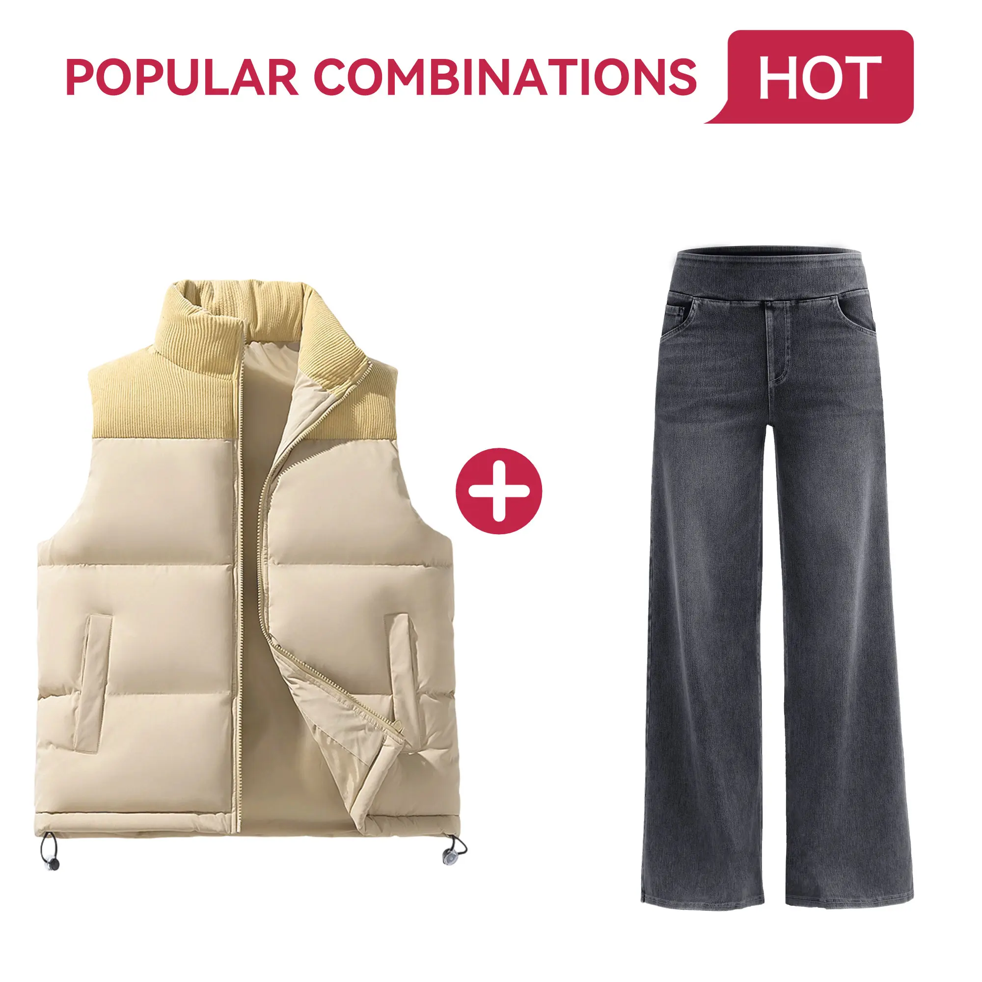 SHOWITTY Puffer Vest & Wide Leg Jeans Set for Women