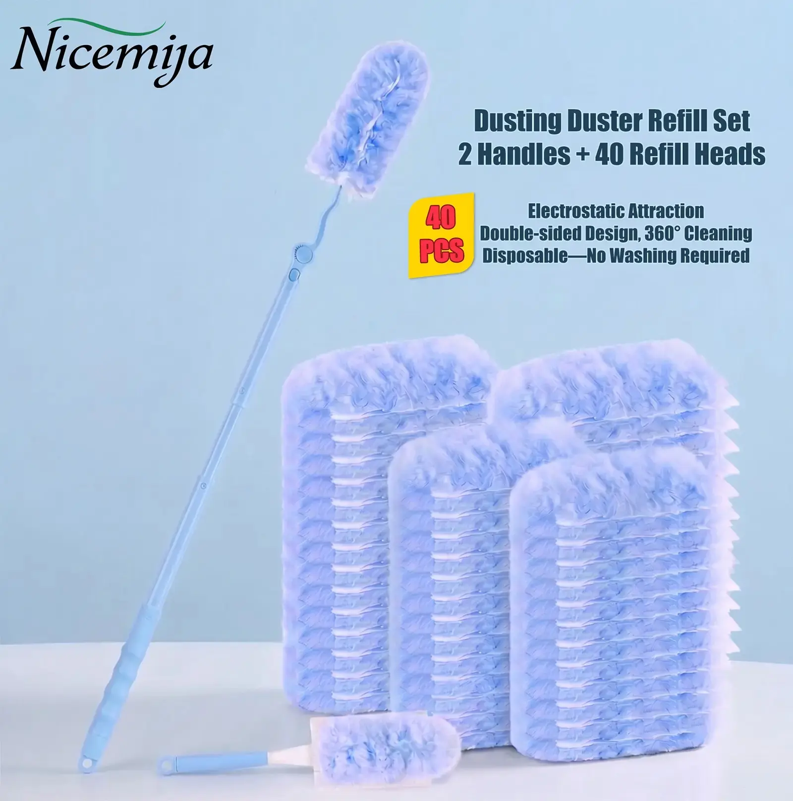 40 Counts Disposable Dust Duster Refill for Swiffer Heavy Duty 2 Side 360° Cleaning 5X Microfibers Include 1 Short 1 Extendable Handle Household Home Cleaning