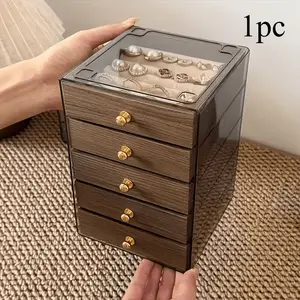 1pc Jewelry Storage Box, Multi-Layer Design, Walnut Wood Texture, Earring Organizer, Jewelry Box
