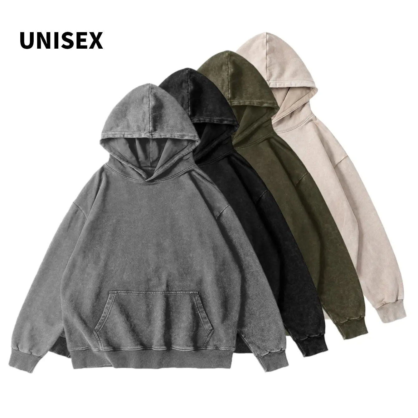 Menswear Unisex Vintage American Hoodie Sweatshirt - Heavyweight Thick Loose-Fit Long Sleeve Plain Pullover, Washed Distressed Finish, Kangaroo Pocket, High-Street Style, Suitable for City Walks, Skateboarding