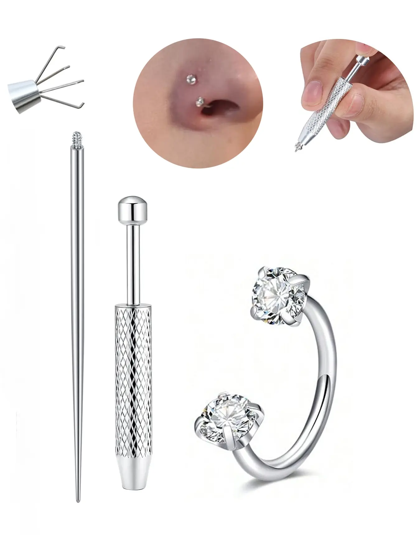 20gauge CZ Horseshoe Nose Ring With Piercing Ball Grabber Tool, Internal Threaded Hypoallergenic Stainless Steel 8mm Hoops for Multiple Piercings, for Nose Cartilage Tragus Helix and Lip, Nose Piercing Jewelry, Body Piercing Jewelry