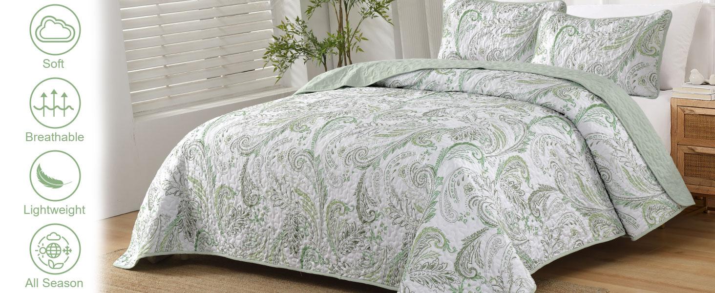 Paisley Set King Size,3 Pieces Boho Bedspread, Soft and Lightweight Microfiber Coverlet Bedding Set for All Season(110''x90'')