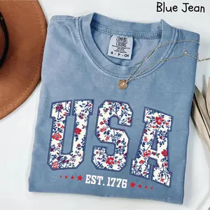 Comfort Colors Floral USA TShirt, American Girl T-Shirt, USA Est 1776 TShirt, Girly 4th Of July T-Shirt, Patriotic Women Tee, Flower USA TShirt