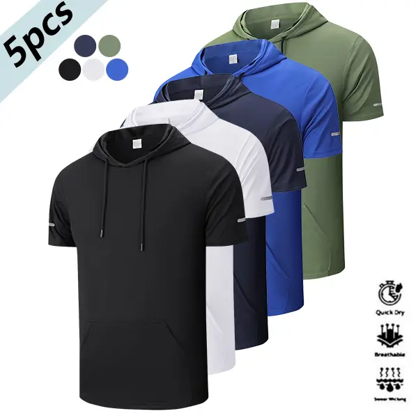 Men's Casual Short-Sleeve Hooded T-Shirt 5-Pack, Plain Quick-Dry Polyester Sportswear Tops with Reflective Strips and a Diagonal Pocket