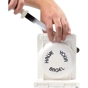 Durable Bagel Slicer Cutter with Knife Fits All Bagel Sizes, Dishwasher Safe Kitchen Gadget for Home Bakeries Coffee Shops, White