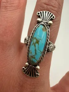 Native Turquoise Long Sterling Silver Ring Size 8 by