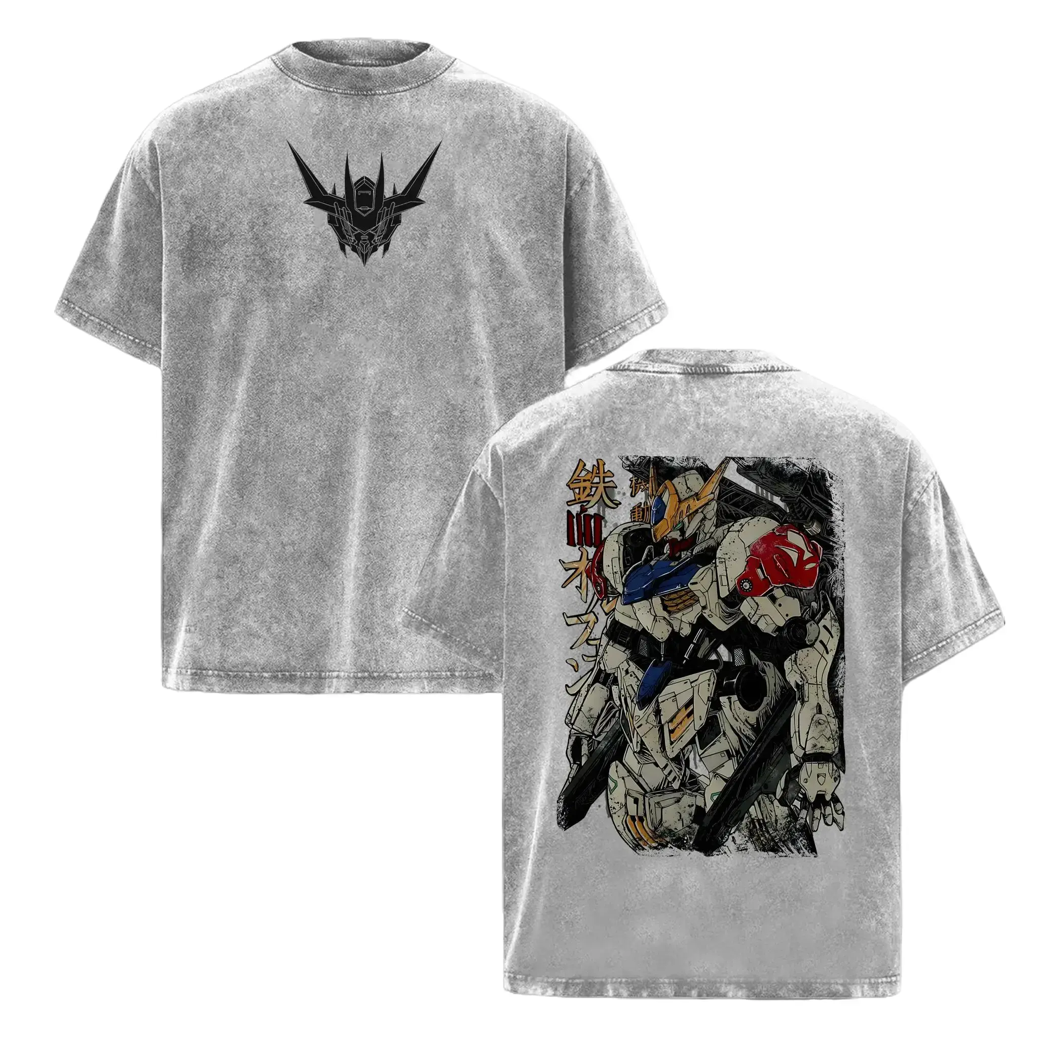 Gundam Barbatos Iron Blooded Orphans IBO Oversized Graphic Tee Heavyweight Acid Wash Cotton Double Printed T Shirt Y2K Streetwear Mecha Gunpla Gym Pump Cover Japanese Anime Manga Dark Aesthetic Grunge Outfits Merch Perfect Fan Gift Top Unisex Vintage