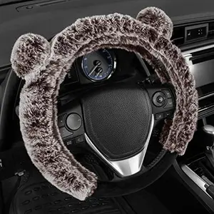 Cute Bear Fur Plush Steering Wheel Cover - Cute Faux Wool Protector for Women Girls Fits Wheels Car Accessories