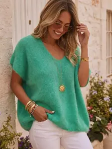 Women's Plush Short Sleeve Sweater Knitwear, Loose Fit V Neck Mohair Knit Top, Soft Cozy Pullover for Spring Summer Wear