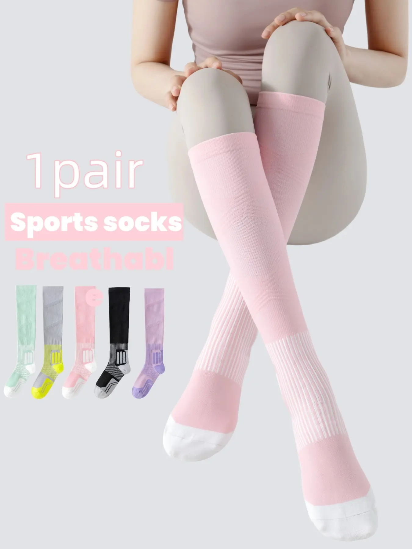 Women's Sport Compression Socks, High-Quality Thickened Colorblock Ankle Socks, Running Cycling Yoga, 1 Pair, Long Calf