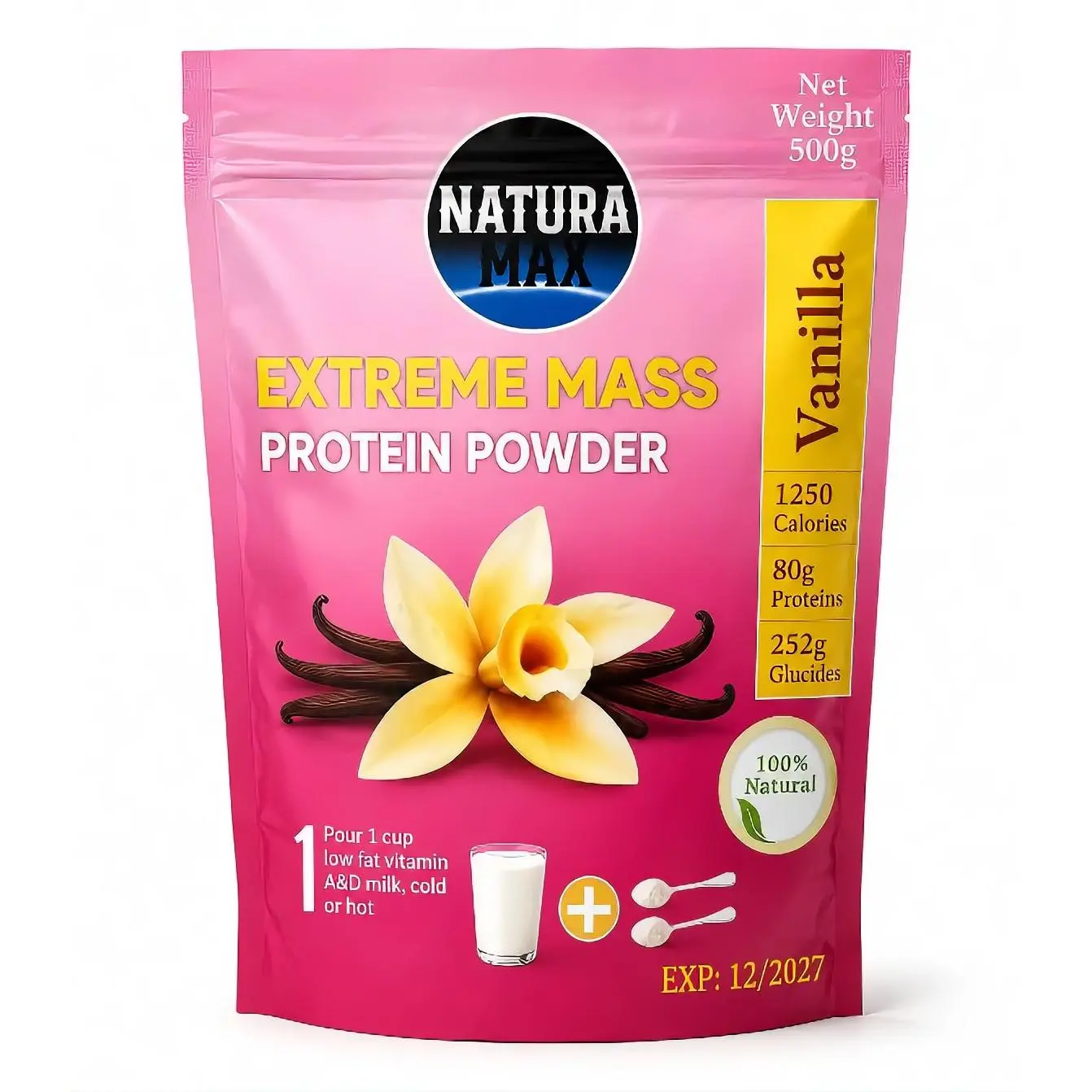 Natura Max Extreme Mass Protein Powder Vanilla 500g 1250 Calories 80g Protein 252g Carbs 100% Natural