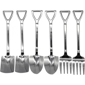6 count Shovel Spoon Fork Set 18/10(304) Stainless Steel Spade Shape Utensils 6.1inch Stirring Spoon for Dessert Coffee Yogurt Cake Fruit Ice Cream