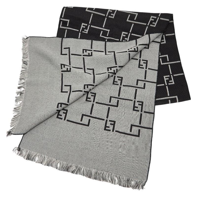 Pre-owned FENDI 1 Small Leather Goods FF Logo Scarf Black & Gray Rayon Acetate