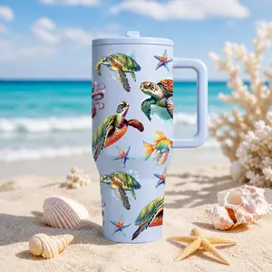 1 Pc 40oz Insulated Mug, Summer Ocean Sea Turtle Starfish Fish Print Thermal Mug, Beach Vacation Coastal Sea Life Marine Animal Double Wall Leak Proof Tumbler With Handle Lid, Hot Cold Drinks Travel Gift For Women Men