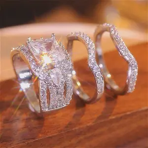 3pc/set Personalized Square Cubic Zirconia Rings Couple Rings Bride's Eternal Engagement Wedding Ring Bridal Wedding Engagement Promise Anniversary Ring Valentine's Day Mother's Day Gift Christmas Gift for Girlfriend