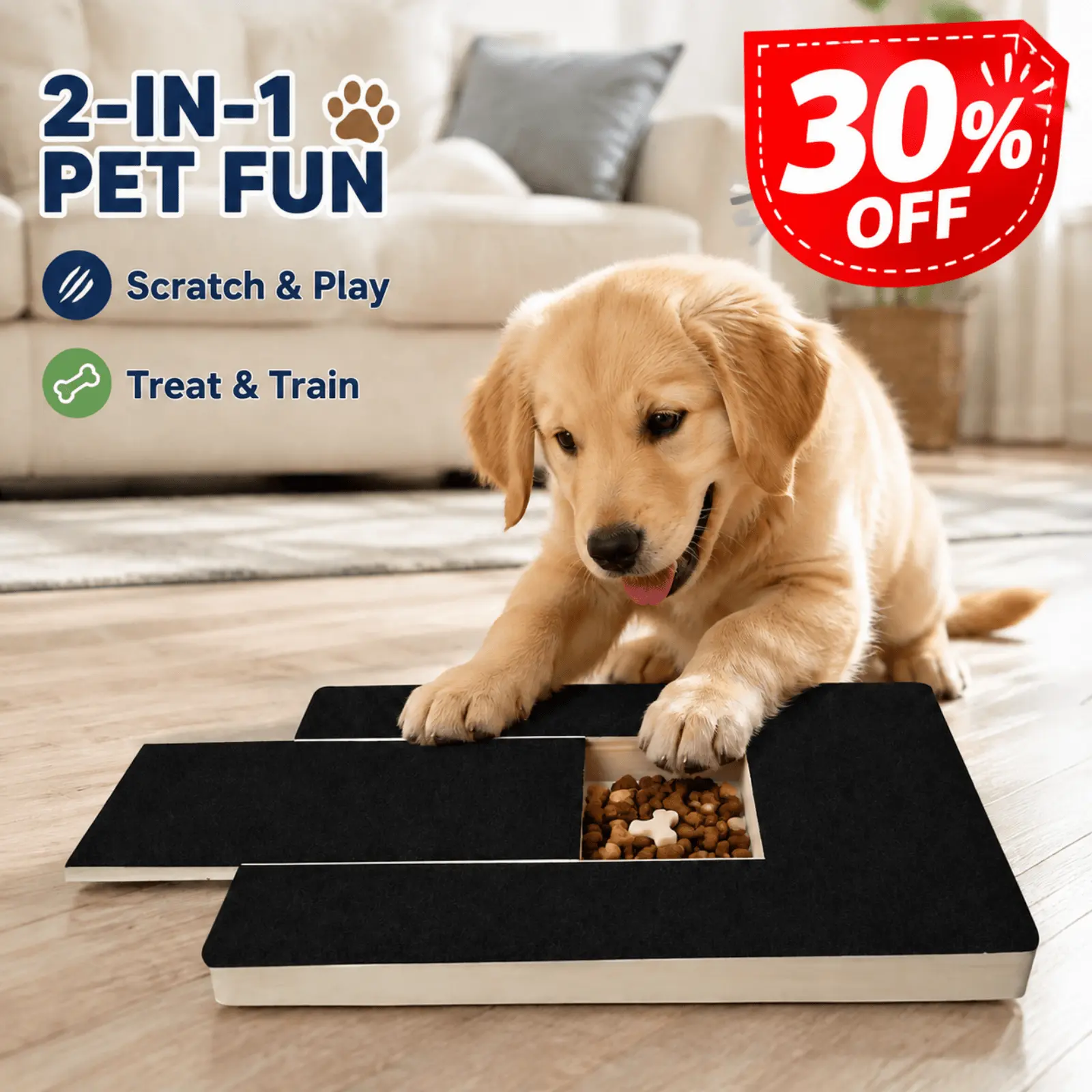 Dog Nail Scratch Board with Treat Tray, Wooden Dog Scratch Pad for Nails, Interactive Paw Scratcher and Feeding Board, Replaceable Sandpaper Dog Nail File Board for Small Medium Dogs