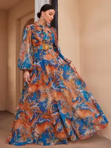 Women's Random Print Belt Decoration Chiffon Dress, Elegant Long Sleeve Tie Front A Line Dress for Party Holiday Wedding Guest, Ladies Spring & Fall Clothes