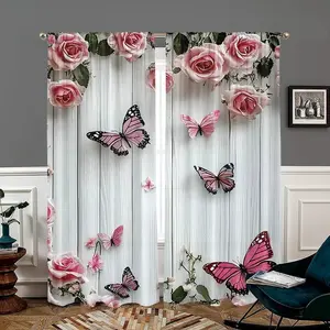 Butterfly & Rose Pattern Curtains, 2 Piece Set, Romantic Elegant Half-Transparent Polyester Curtains, Multi-Functional Durable Decorative Curtains, Window Curtain, Room Decor Curtain, Home Decoration Curtain