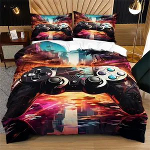 Neon Game Controller Duvet Cover Set, Cyberpunk City Themed Bedding Set, 3D Digital Print Bed Set with Includes 1/2 Pillowcases - without Core, Soft Microfiber Bedding, All Season Zipper Closure Comforter Cover for Gamer Bedroom Decor