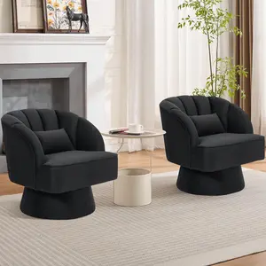 Mid Century Modern Swivel Barrel Chair - 360° Swivel Accent Chair with Plush Velvet Upholstery & Wide Cushioned Seat, Round Lounge Sofa Chair for Living Room, Bedroom, Office (Black 2 PCS)