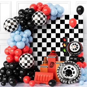 128Pcs Race Car Balloon Garland Kit with Red, Blue, Black & Checkered Arch for Birthday Party Decor