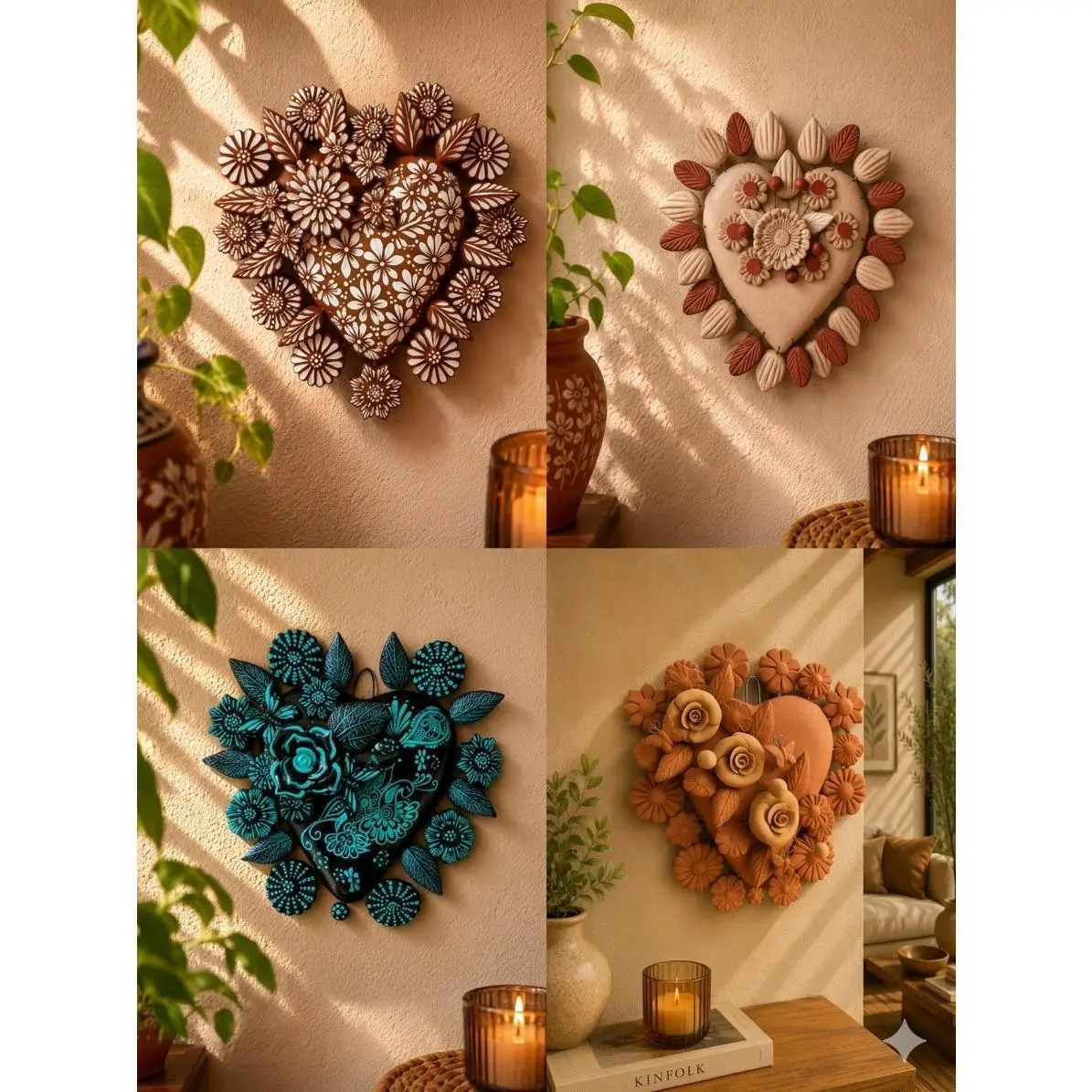 Clay Heart Wall Hanging Handmade Metepec, Mexican Folk Art Floral Decor Copy