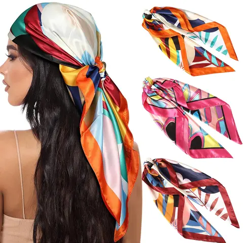 AWAYTR Women's Silk-Smooth Satin Scarves - 3 Pcs 35in Large Square, Casual Soft Shawl, Fashion Hair Scarves, Turban, Head Wrap, Beach Accessory, Quick-Dry Care, All-Season Vibrant Gift for Thanksgiving, Anniversary
