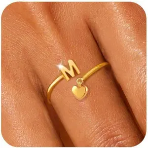 Gold Initial Ring for Women Dainty Initial Heart Non Tarnish Gold Rings 14K Gold Plated Alphabet Letter Rings Open Statement Ring Adjustable Thumb Pinky Ring for Women