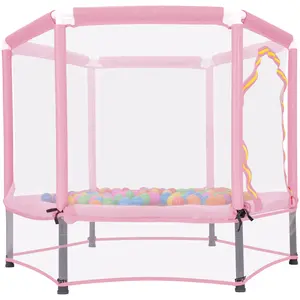 55" Pink Toddlers Trampoline with Safety Net & Ocean Balls Galvanized Steel Frame Reinforced Springs U-Type Zipper Indoor Outdoor Play Equipment