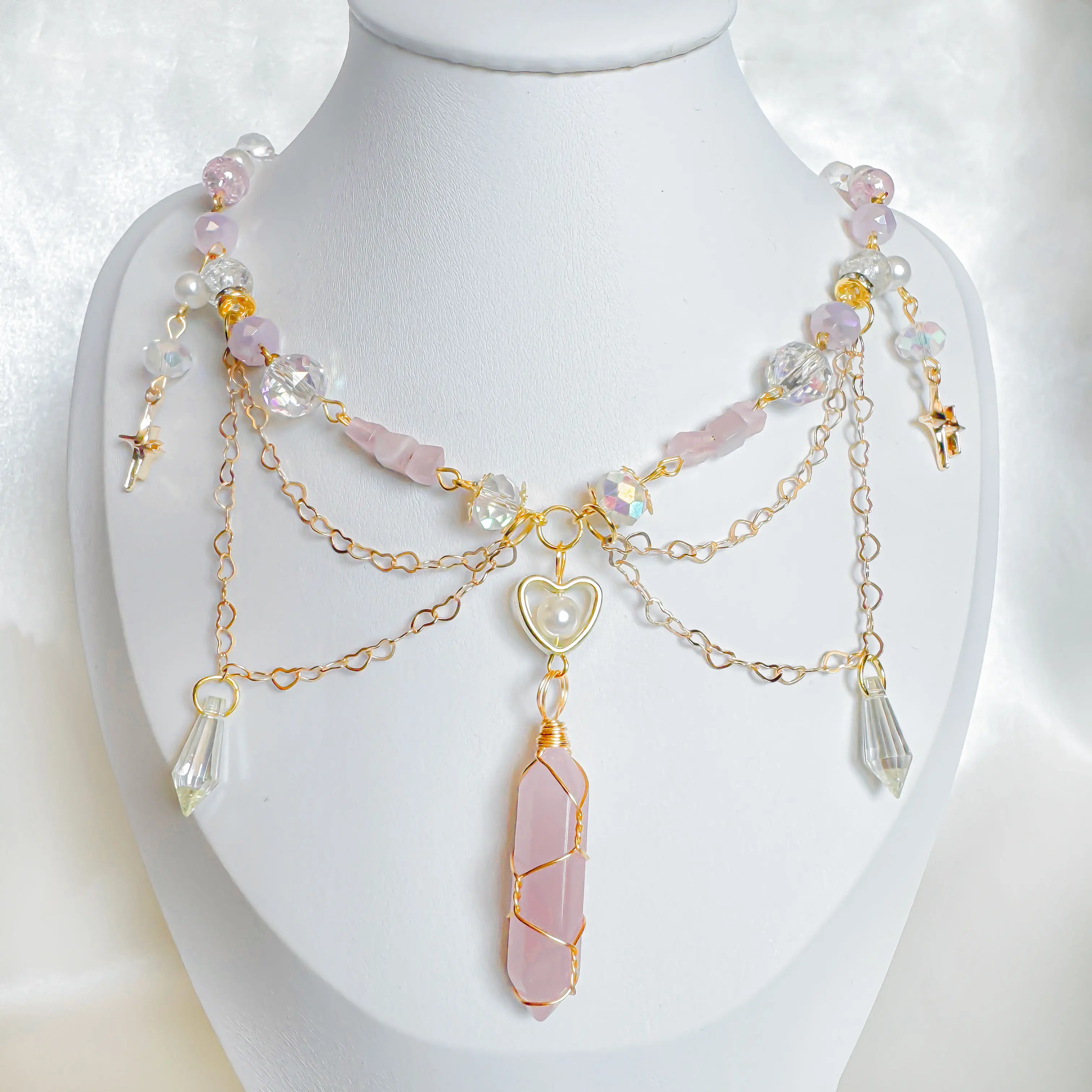 Pink Crystal Wire Wrapped Beaded Necklace, Fairycore Handmade Jewelry, Twinkle Star, balletcore necklace, gift for her, rave necklace, birthday bridesmaid graduation gift