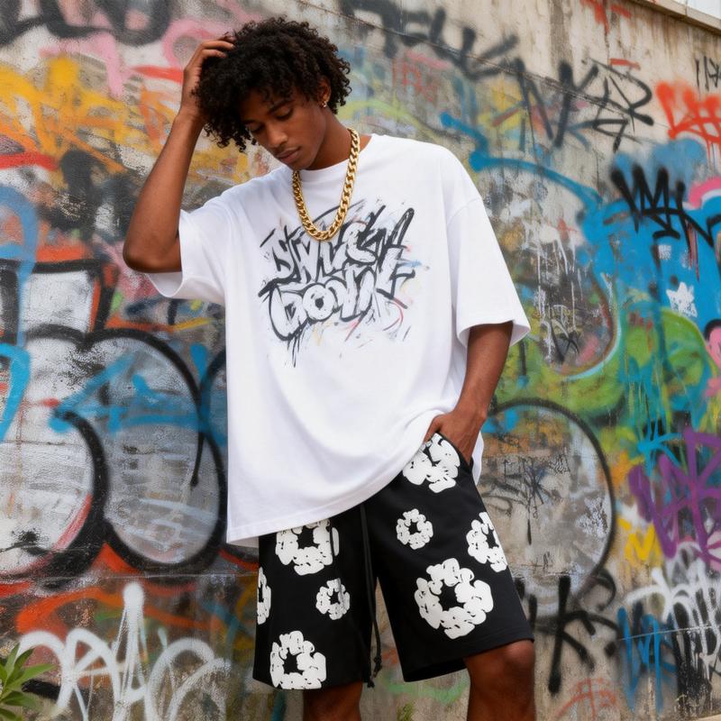 Denim Tears Kapok Foam Print Men's & Women's American High Street Loose Shorts | Brand New 3D Cotton Wreath Print Shorts | Floral Pattern Drawstring High-Waist Casual Pocket Shorts