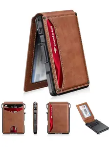 Ultra Thin Men's Wallet - Brown Anti-Theft Leather PU Double Fold RFID Card Clip with POP-UP Magnetic Aluminum Wallet and Men's Cash Clip Wallet