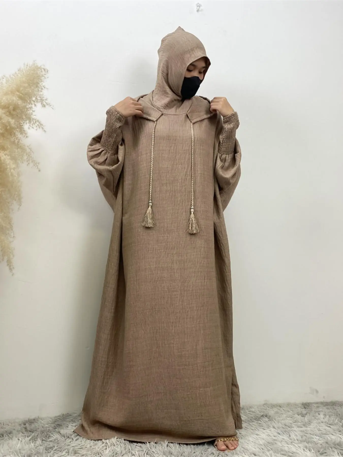 6818# [Cultural Heritage] Women's Double Hooded Abaya | Batwing Sleeve | Elastic Cuffs & Loose Hem Design | Lightweight Warm Modest Dress | Curve-Cove