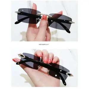 Trendy Rimless Rectangle Sunglasses with Rhinestones, Fashion Eyewear for Women’s Daily & Outdoor