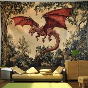 1pc a Large Medieval Tapestry Featuring a Detailed Red Dragon with Golden Eyes And Scales, Made of Polyester. It'S Easy to Install And Ideal for Decorating Living Rooms, Bedrooms, Offices, Or Parties. A Great Gift Idea for Holidays