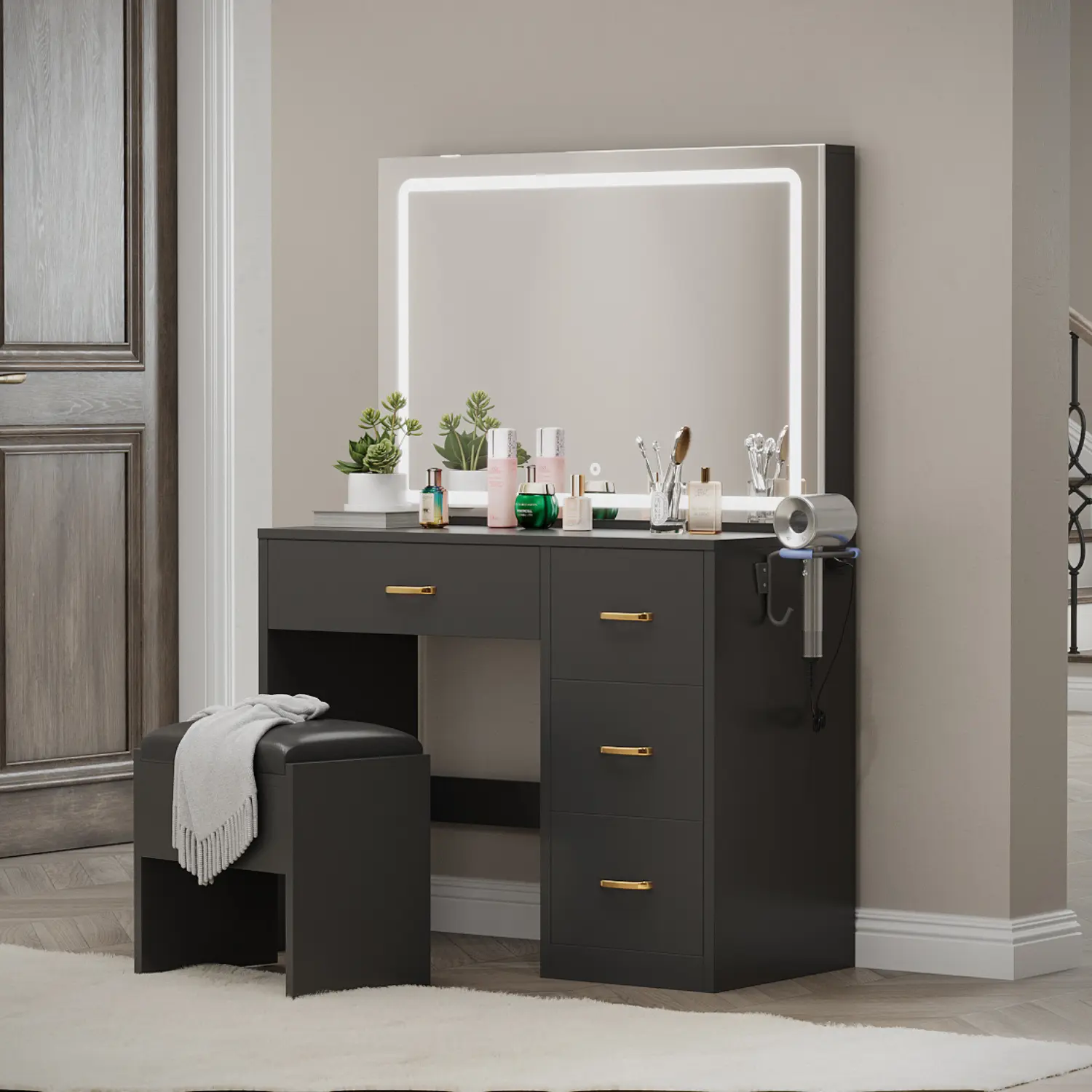 [Live Only] YITAHOME Makeup Vanity Desk with Large Lighted Mirror with Power Outlet and LED Strip, 3 Color Lighting Modes with Adjustable Brightness, 4 Drawer Vanity Table with Cushioned Stool for Bedroom