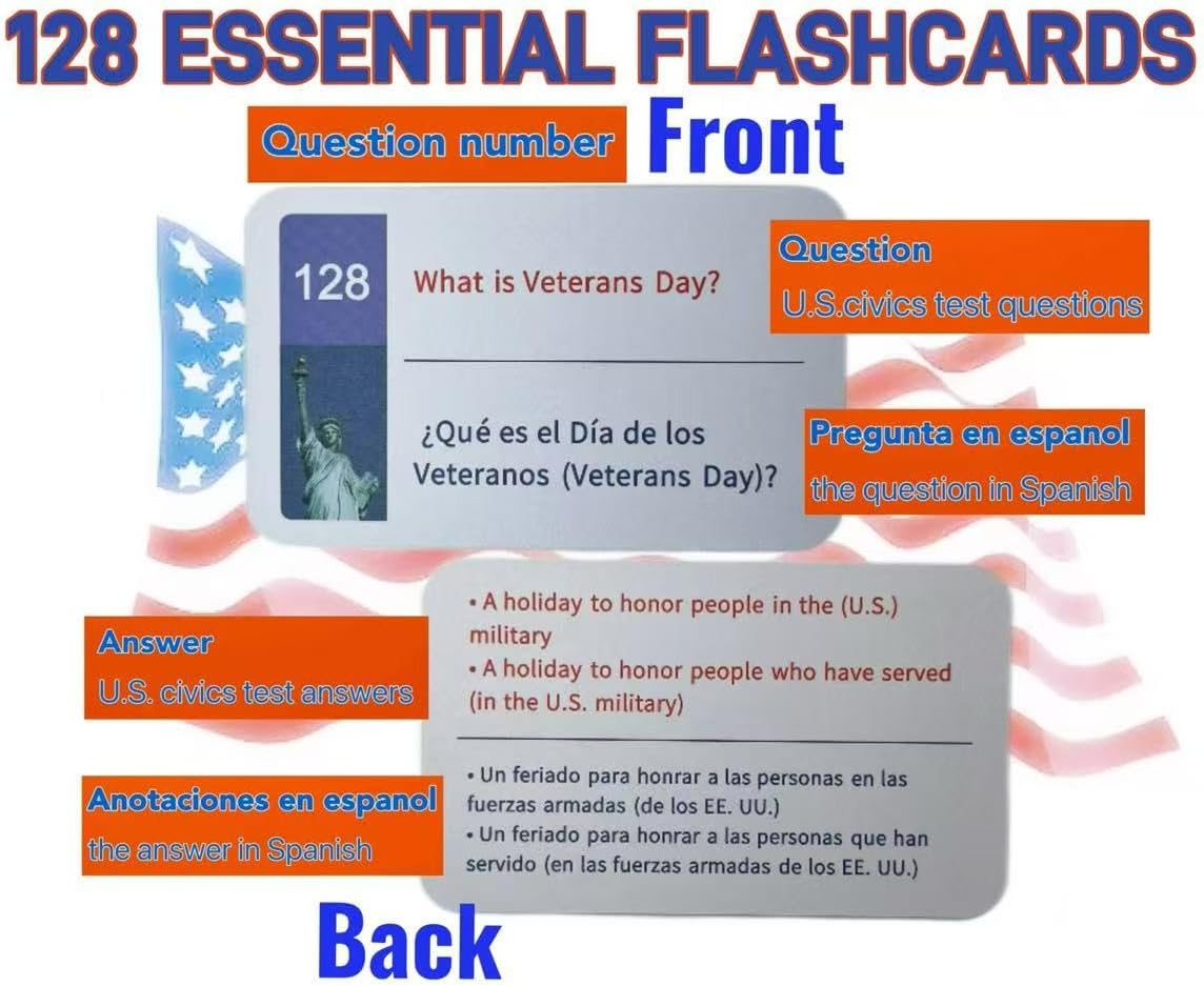 US Citizenship Flash Cards for Naturalization Test,128 USCIS Civics Questions & Answers, English Exam Prep & Essential Study Tool,Colored hard-bristled paper cards